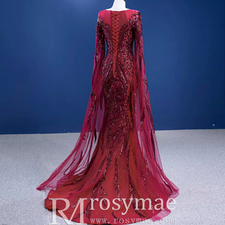 High-end Vintage Burgundy Beading Sequins Evening Dress - Rosymae