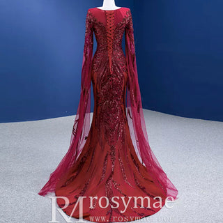 High-end Vintage Burgundy Beading Sequins Evening Dress - Rosymae