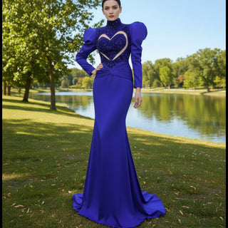 High-end Vintage Royal Blue Beading Evening Dress Prom Gown - Rosymae