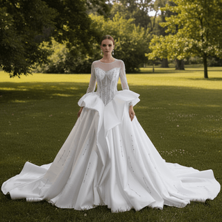 High-Fashion Ball Gown Wedding Dress with Illusion Bodice & Crystal Beadwork - Rosymae