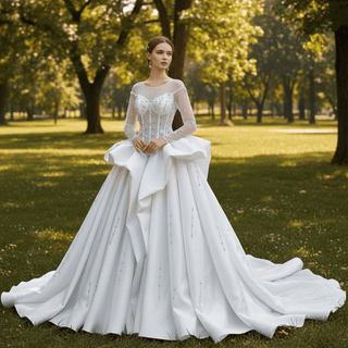 High-Fashion Ball Gown Wedding Dress with Illusion Bodice & Crystal Beadwork - Rosymae