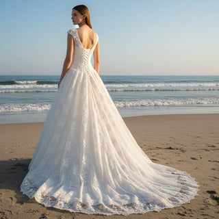 High Low A-line Lace Wedding Dresses with Square Neckline - Rosymae