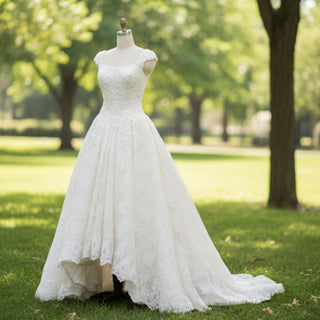 High Low A-line Lace Wedding Dresses with Square Neckline - Rosymae