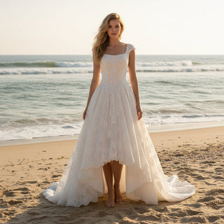 High Low A-line Lace Wedding Dresses with Square Neckline - Rosymae