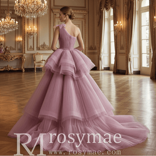 High-Low Blush One-Shoulder Ball Gown with Cascading Tiered Ruffles & Ruched Bodice - Rosymae