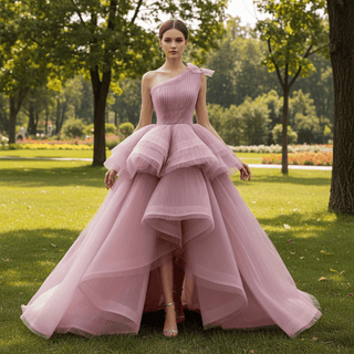 High-Low Blush One-Shoulder Ball Gown with Cascading Tiered Ruffles & Ruched Bodice - Rosymae