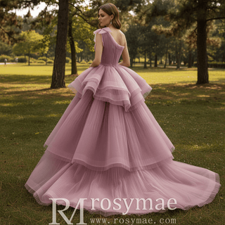 High-Low Blush One-Shoulder Ball Gown with Cascading Tiered Ruffles & Ruched Bodice - Rosymae