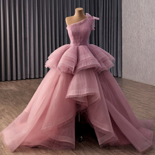 High-Low Blush One-Shoulder Ball Gown with Cascading Tiered Ruffles & Ruched Bodice - Rosymae