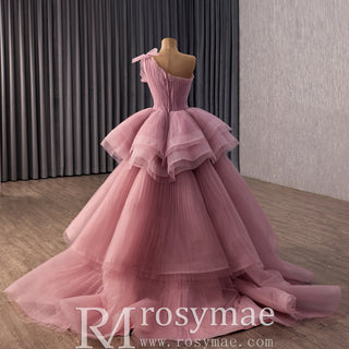 High-Low Blush One-Shoulder Ball Gown with Cascading Tiered Ruffles & Ruched Bodice - Rosymae