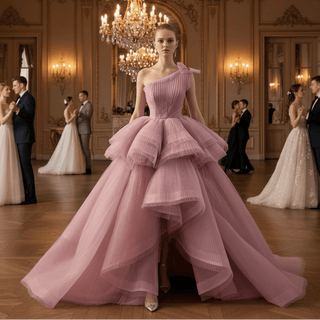 High-Low Blush One-Shoulder Ball Gown with Cascading Tiered Ruffles & Ruched Bodice - Rosymae