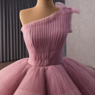 High-Low Blush One-Shoulder Ball Gown with Cascading Tiered Ruffles & Ruched Bodice - Rosymae