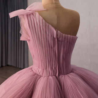 High-Low Blush One-Shoulder Ball Gown with Cascading Tiered Ruffles & Ruched Bodice - Rosymae
