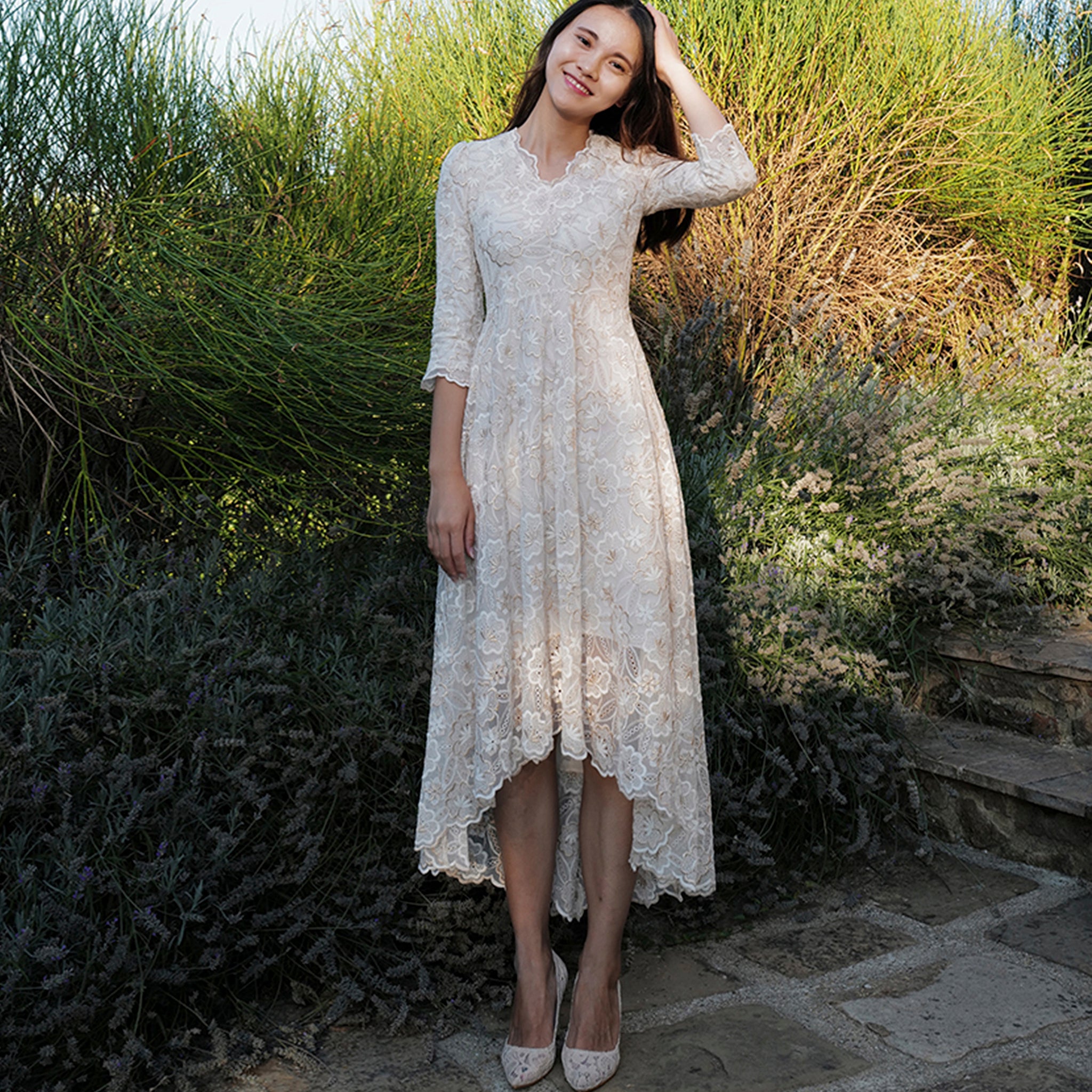 V-neck High Low Lace Wedding Dress with Three Quarter Sleeve Off White / 12 V-neck High Low Lace Wedding Dress with Three Quarter Sleeve Off White / 12