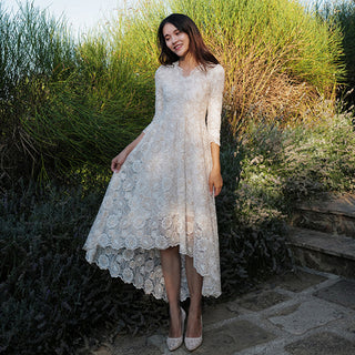 V-neck High Low Lace Wedding Dress with Three Quarter Sleeve