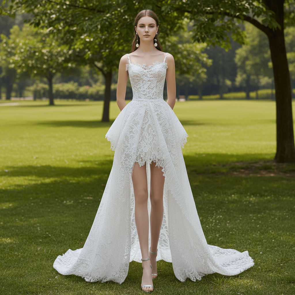 High-Low Lace Wedding Dresses Outdoor Hi-Lo Bridal Gowns - Rosymae