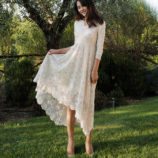 V-neck High Low Lace Wedding Dress with Three Quarter Sleeve