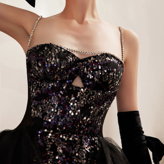 Spaghetti Straps Tulle and Sequin Black Wedding Dress with Detachable Train