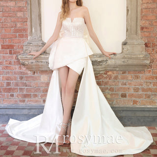 Strapless Vneck High Low Wedding Dress with Detachable Train