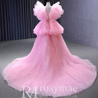 High Low Tiered Pageant Dress Ruffled Prom Gown with Puffy Sleeve - Rosymae