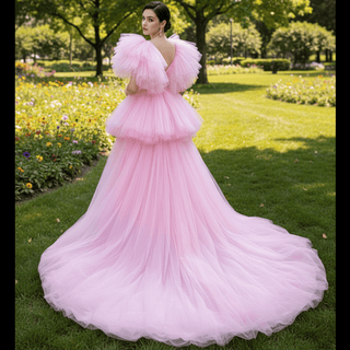 High Low Tiered Pageant Dress Ruffled Prom Gown with Puffy Sleeve - Rosymae