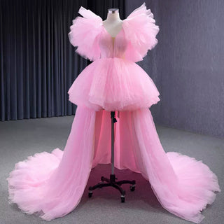 High Low Tiered Pageant Dress Ruffled Prom Gown with Puffy Sleeve - Rosymae