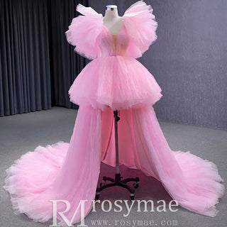 High Low Tiered Pageant Dress Ruffled Prom Gown with Puffy Sleeve - Rosymae