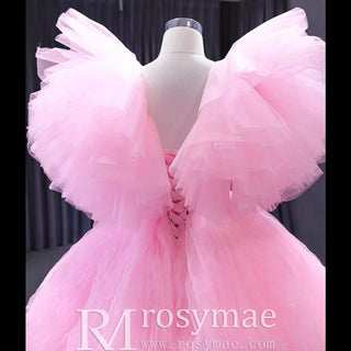High Low Tiered Pageant Dress Ruffled Prom Gown with Puffy Sleeve - Rosymae