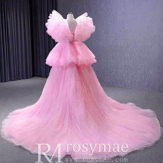 High Low Tiered Pageant Dress Ruffled Prom Gown with Puffy Sleeve - Rosymae