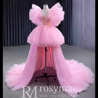 High Low Tiered Pageant Dress Ruffled Prom Gown with Puffy Sleeve - Rosymae