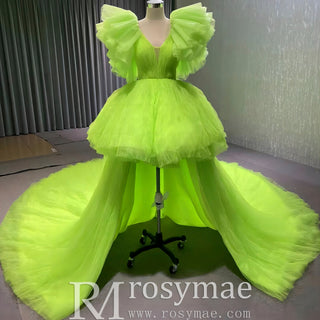 High Low Tiered Pageant Dress Ruffled Prom Gown with Puffy Sleeve - Rosymae