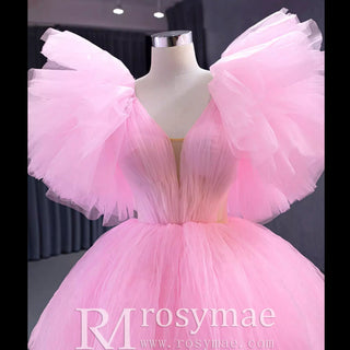 High Low Tiered Pageant Dress Ruffled Prom Gown with Puffy Sleeve - Rosymae