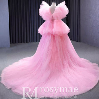 High Low Tiered Pageant Dress Ruffled Prom Gown with Puffy Sleeve - Rosymae