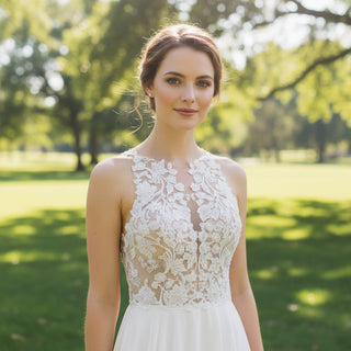 High Neck A-line Chiffon Wedding Dress with Sheer Bodice - Rosymae