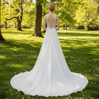 High Neck A-line Chiffon Wedding Dress with Sheer Bodice - Rosymae