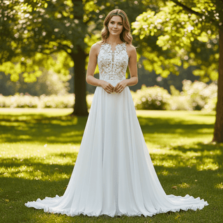 High Neck A-line Chiffon Wedding Dress with Sheer Bodice - Rosymae