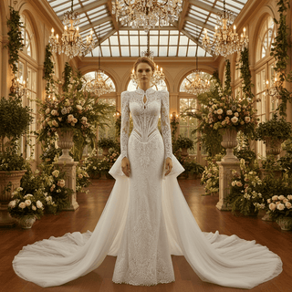 Beaded winter wedding dress paired for cathedral winter wedding venue