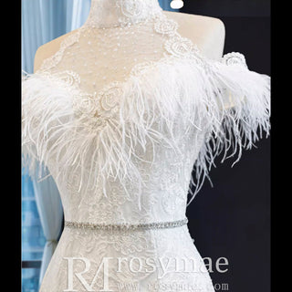 High Neck Elegant Luxury Trumpet Wedding Dress with Feather - Rosymae