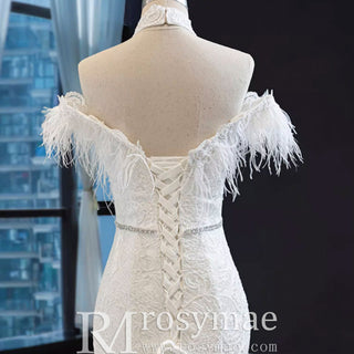 High Neck Elegant Luxury Trumpet Wedding Dress with Feather - Rosymae