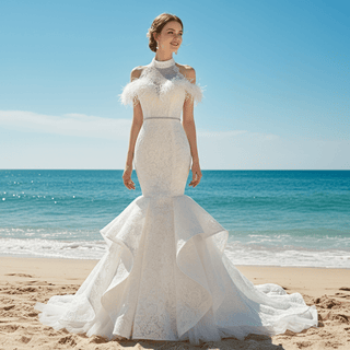 High Neck Elegant Luxury Trumpet Wedding Dress with Feather - Rosymae