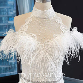 High Neck Elegant Luxury Trumpet Wedding Dress with Feather - Rosymae