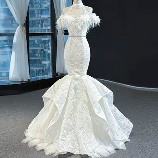 High Neck Elegant Luxury Trumpet Wedding Dress with Feather - Rosymae