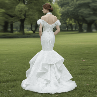 High Neck Elegant Luxury Trumpet Wedding Dress with Feather - Rosymae