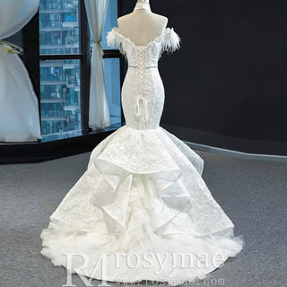 High Neck Elegant Luxury Trumpet Wedding Dress with Feather - Rosymae