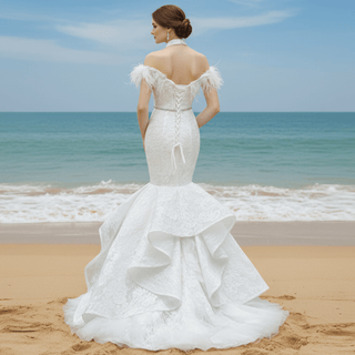 High Neck Elegant Luxury Trumpet Wedding Dress with Feather - Rosymae