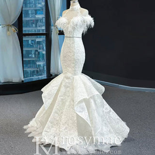 High Neck Elegant Luxury Trumpet Wedding Dress with Feather - Rosymae