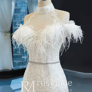 High Neck Elegant Luxury Trumpet Wedding Dress with Feather - Rosymae