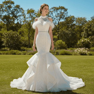 High Neck Elegant Luxury Trumpet Wedding Dress with Feather - Rosymae