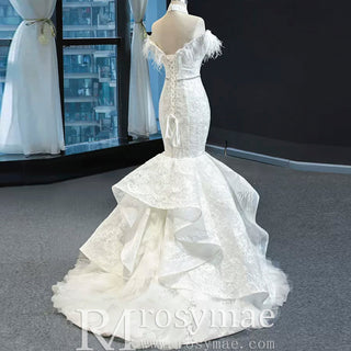 High Neck Elegant Luxury Trumpet Wedding Dress with Feather - Rosymae