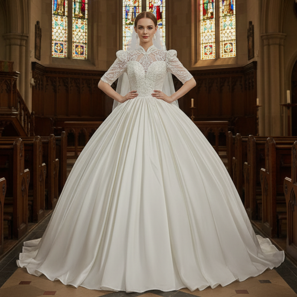 Half Sleeve Satin Wedding Dresses with Sheer High Neck & Keyhole Rosymae Half Sleeve Satin Wedding Dresses with Sheer High Neck & Keyhole Rosymae