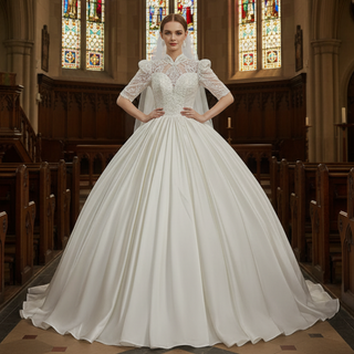 Half Sleeve Satin Wedding Dresses with Sheer High Neck & Keyhole